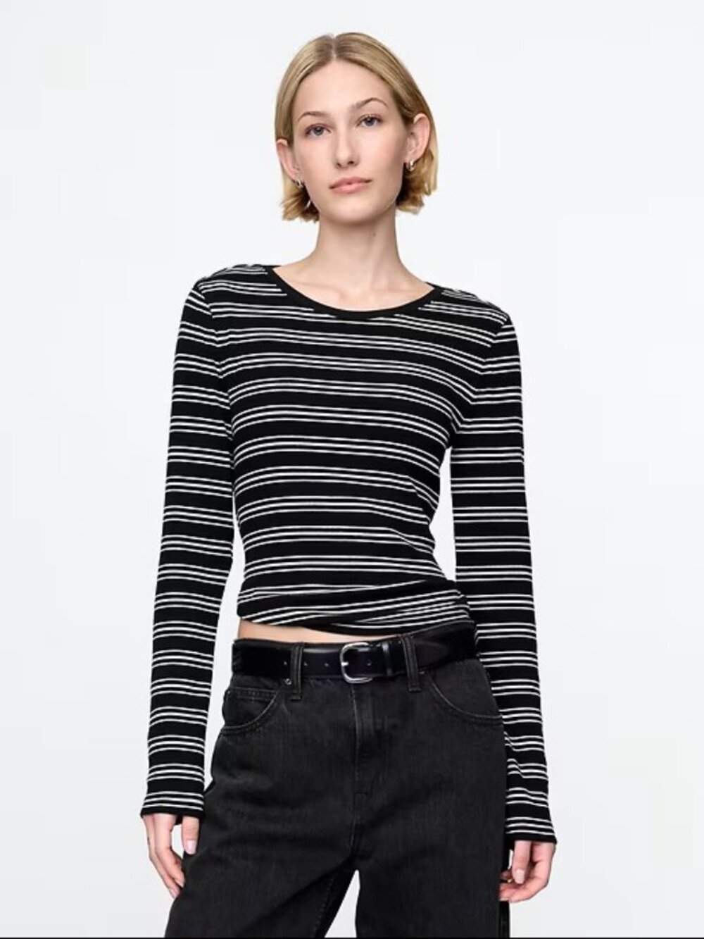 GAP Black White Striped Modern Rib Crop T-Shirt XXL NWT Long Sleeve Breton